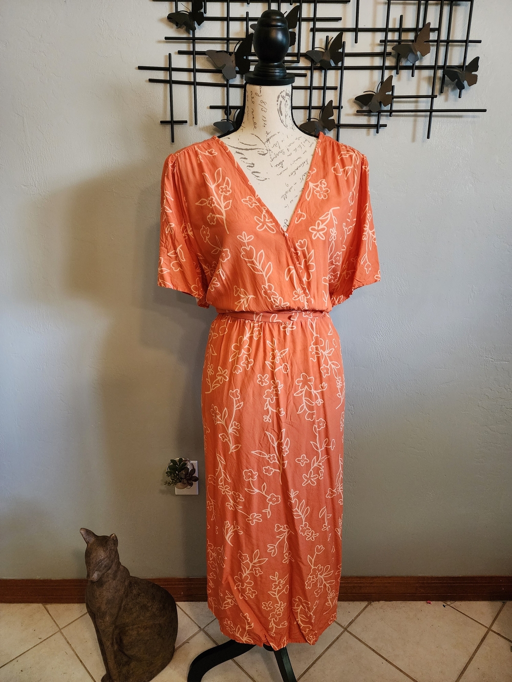 BloomChic Orange Floral Wrap-Style Midi Dress